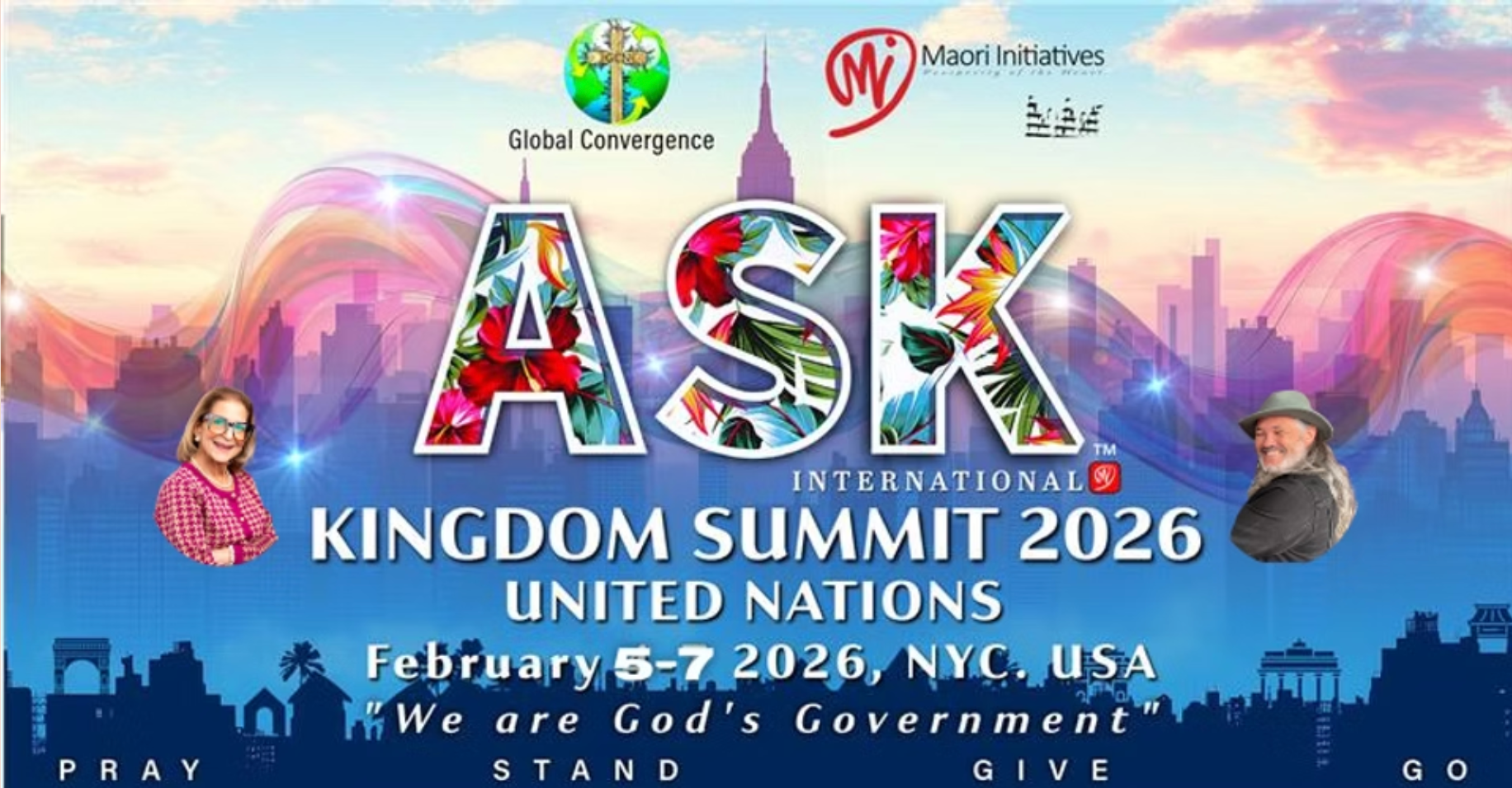 Poster for the 2026 ASK International Kingdom Summit in New York City, featuring colorful floral letters spelling ASK, with images of a woman and a man, event dates February 5-7, 2026, and the theme 'We are God's Government'.