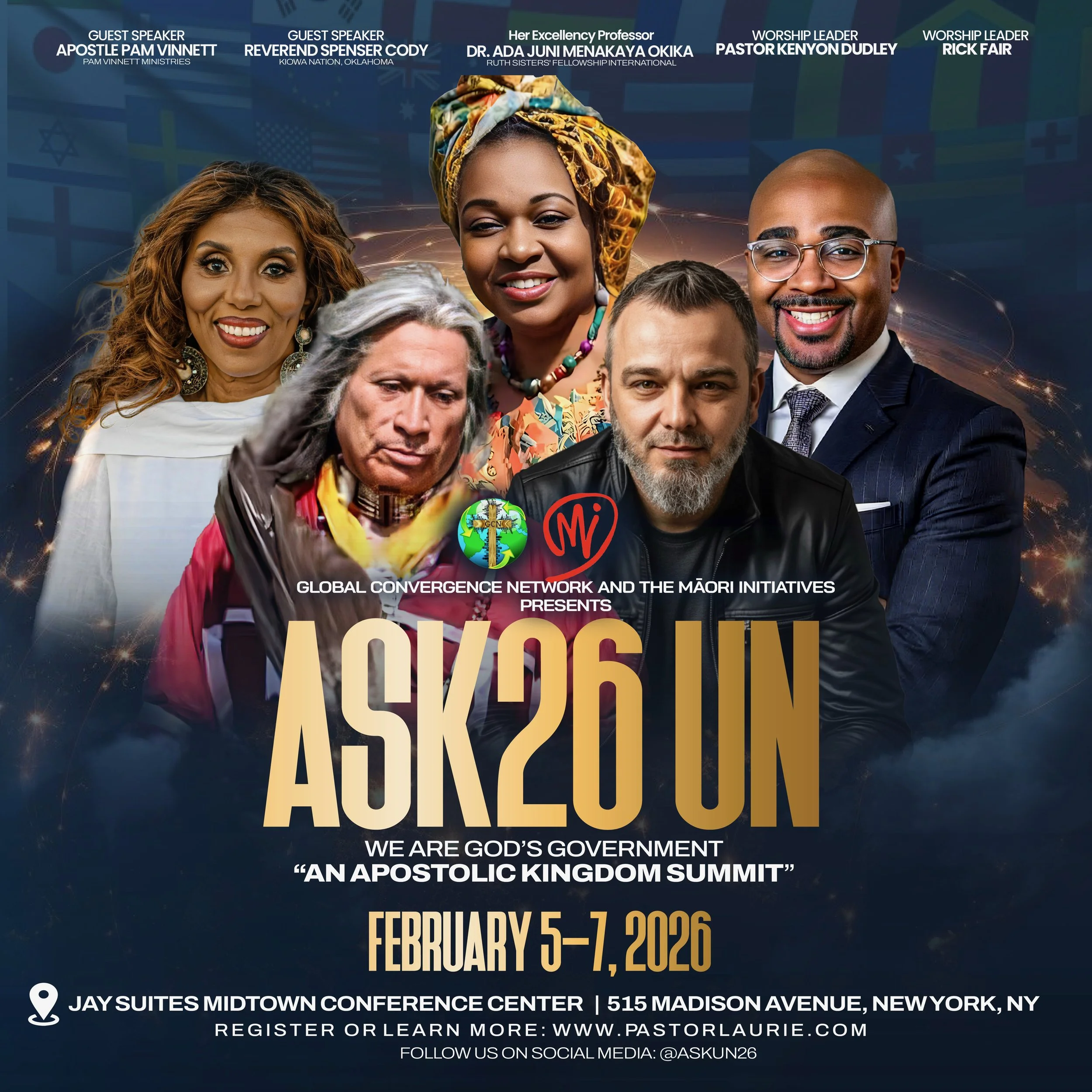 Event poster for the 'Ask 26 UN' summit, featuring photos of six diverse speakers and leaders. The event dates are February 5-7, 2026, at Jay Suites Midtown Conference Center, 515 Madison Avenue, New York. The poster includes logos, social media handle, and registration information.