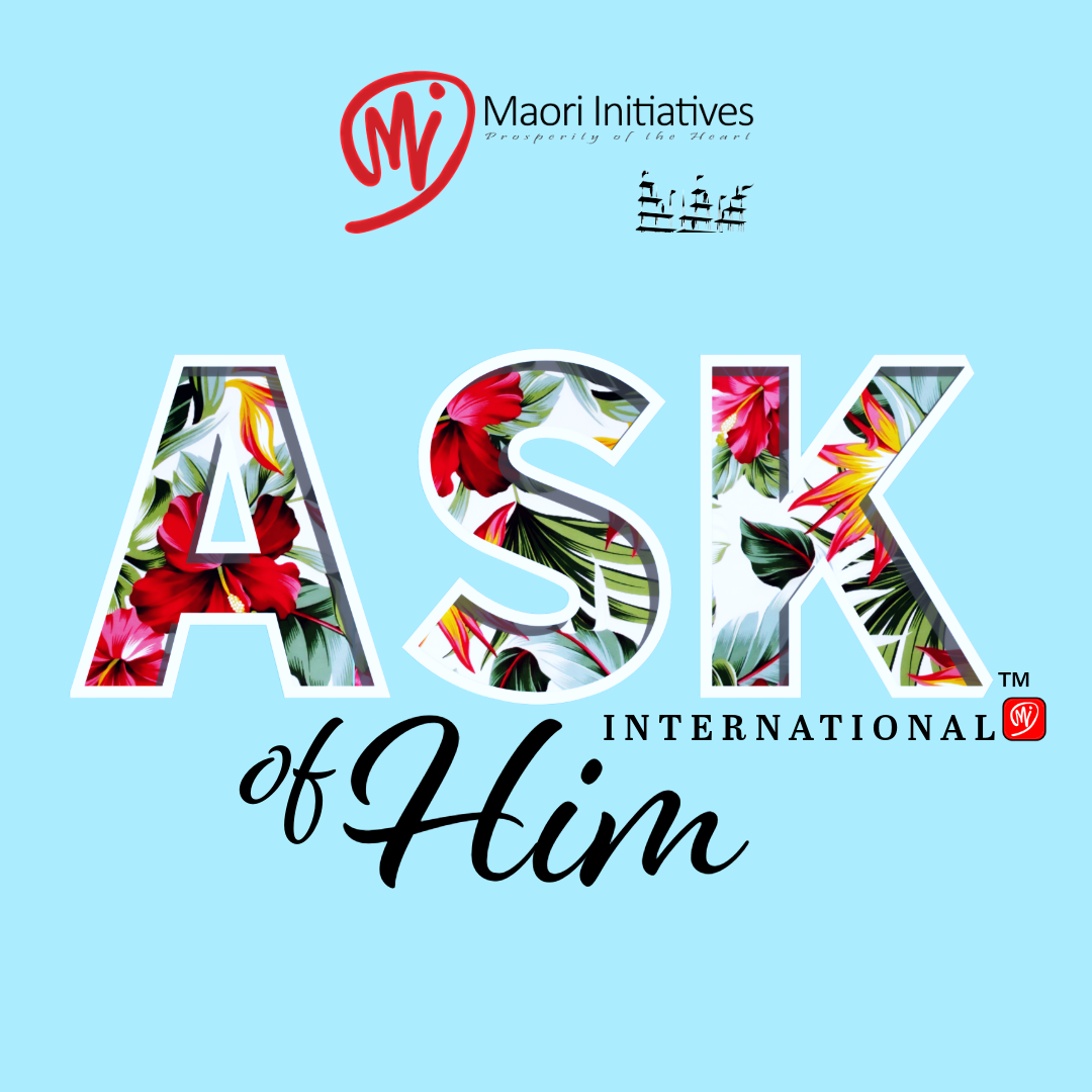 Logo for the AsiK International of Him with floral design in the letters A, S, and K, featuring red hibiscus and tropical leaves on a light blue background.