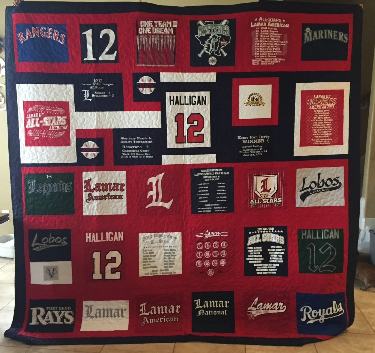 A T-Shirt quilt featuring various sports logos, slogans, and player names, primarily dedicated to Lamar American and Lamar All-Stars, with team logos, player numbers, and achievement highlights.