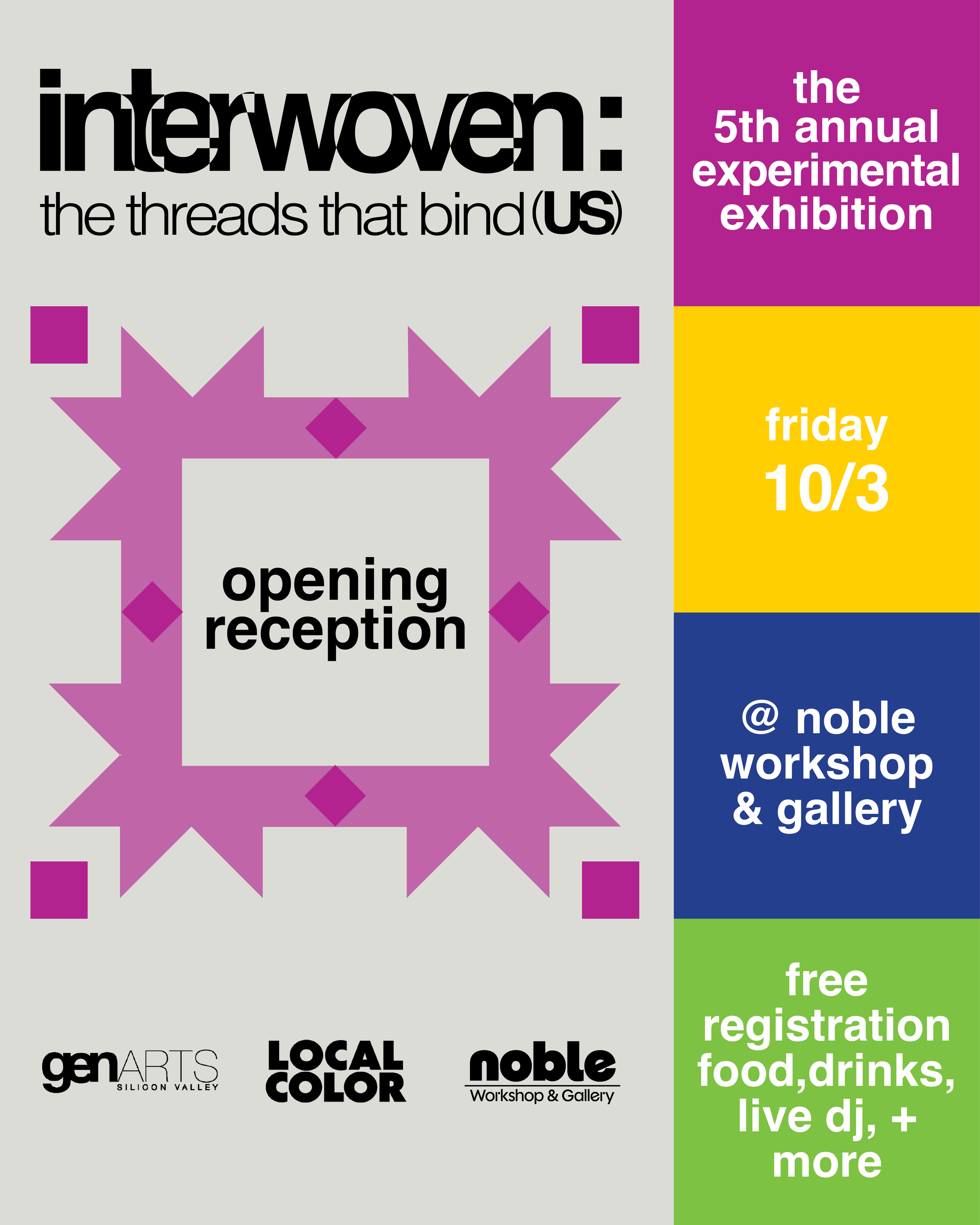 Poster for the 5th annual experimental exhibition titled 'interwoven: the threads that bind us,' featuring a purple and pink geometric design around the text 'opening reception,' with event details including date and location, and organizer logos at the bottom.