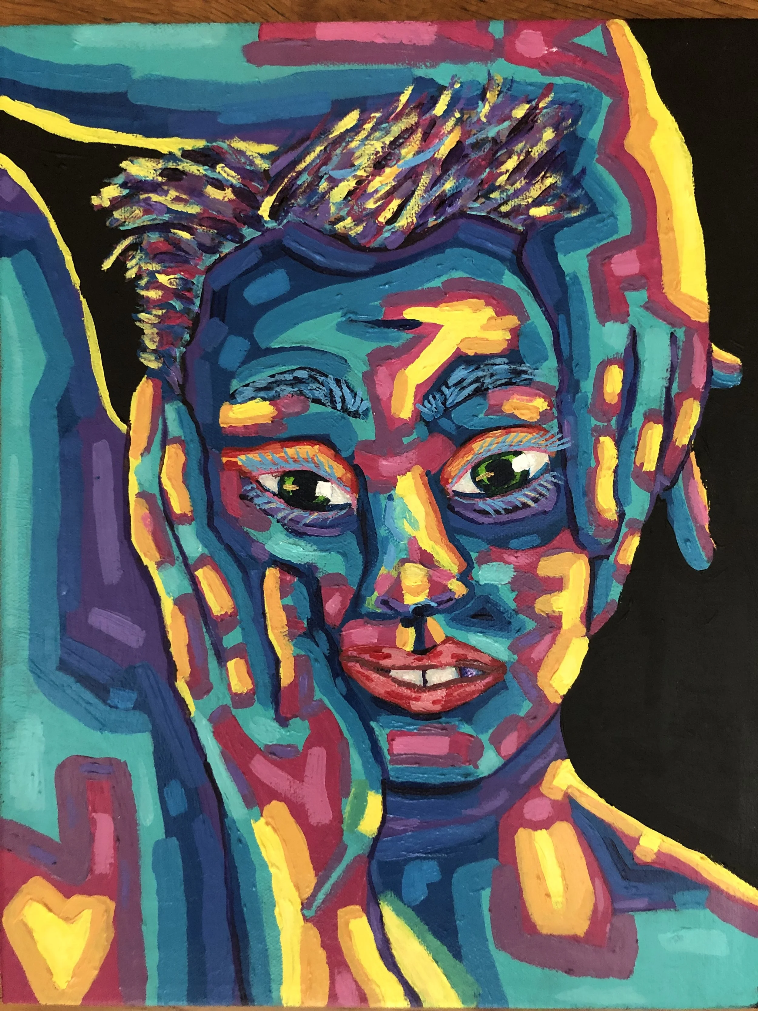 Emma Bennet Brand "Fauvist Me" (2023)
Acrylic, melted crayons, glitter glue on canvas, and patterned paper on wooden frame, 11" x 14", $150