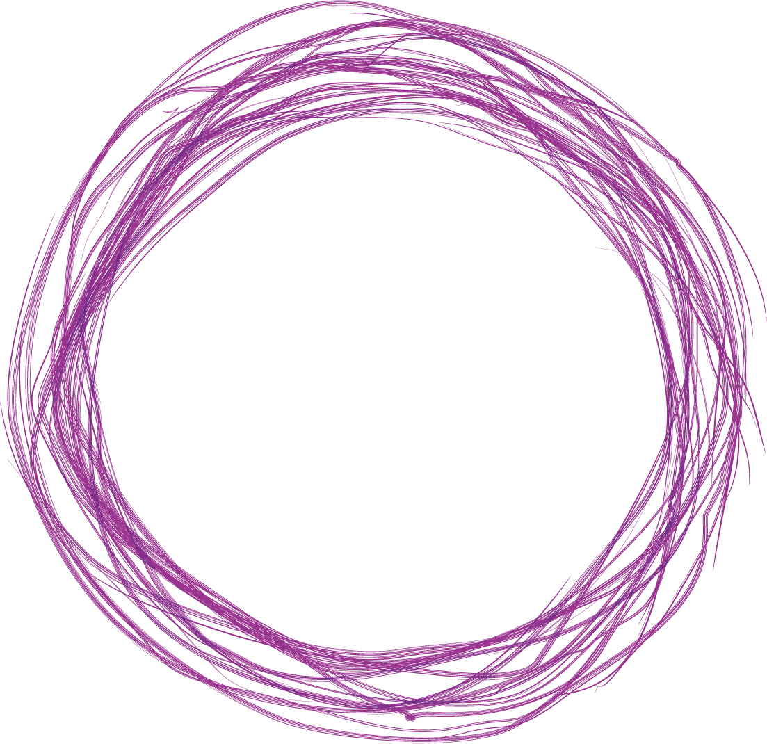A circular pattern made of purple, line-like strokes on a black background.