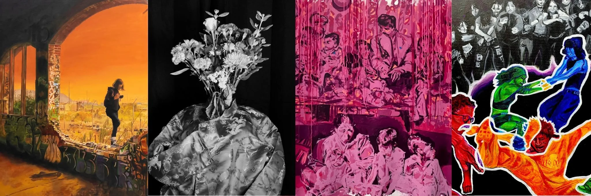 A collage of four different artistic images. The first is a painting of a woman standing by an arched window with a sunset view, the second is a black and white photograph of flowers in an ornate vase, the third is a pink-toned illustration of people at a crowded indoor event, and the fourth is a vibrant, comic-style illustration of a fight scene between characters with exaggerated expressions and colorful costumes.