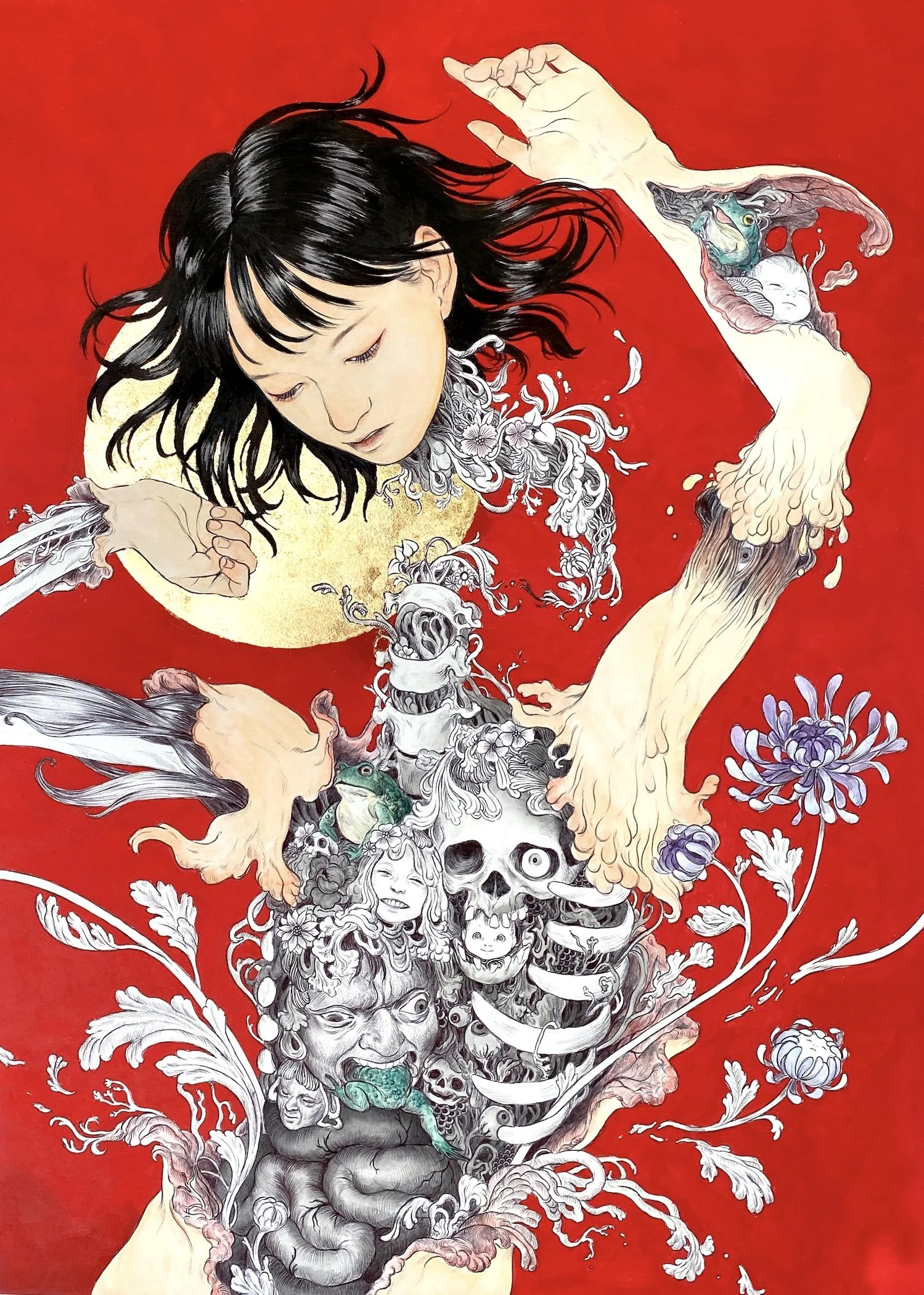 Hana Lock "Shizuku" (2023)
Ballpoint pen, watercolor, acrylic, and gold leaf on paper, 18" x 25", NFS