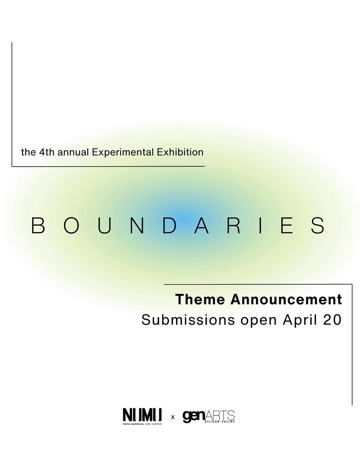 Announcement poster for the 4th annual Experimental Exhibition titled "Boundaries." It features a soft gradient background with blue and green hues and contains details about theme announcement and submission deadlines for an event organized by NUMU and genARTS.
