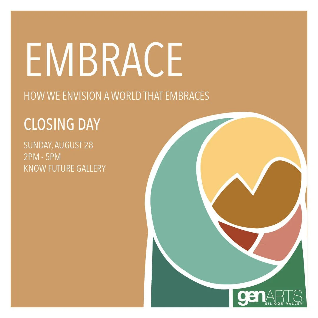 Event poster with beige background and abstract mountain and moon design, promoting an art exhibit titled 'Embrace,' at Know Future Gallery on August 28 from 2 to 5 PM in Silicon Valley.