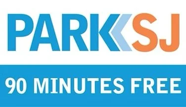 PARK S J logo with blue, orange, and gray colors and text '90 MINUTES FREE' in white on a blue background.