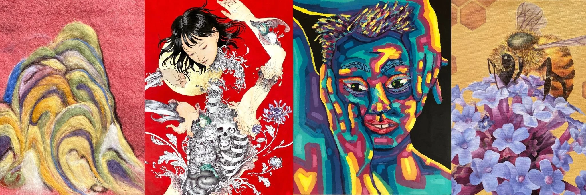 A collage of four different artistic images. The first is a colorful, textured drawing of a rainbow-like pattern on pink background. The second is a detailed, illustrated portrait of a woman with black hair with a red background, featuring various fantasy elements like skulls and mythical creatures. The third is a vibrant, stylized portrait of a person with colorful, abstract face and hair against a black background. The fourth is a photographic image of a bee on purple flowers with a golden background.