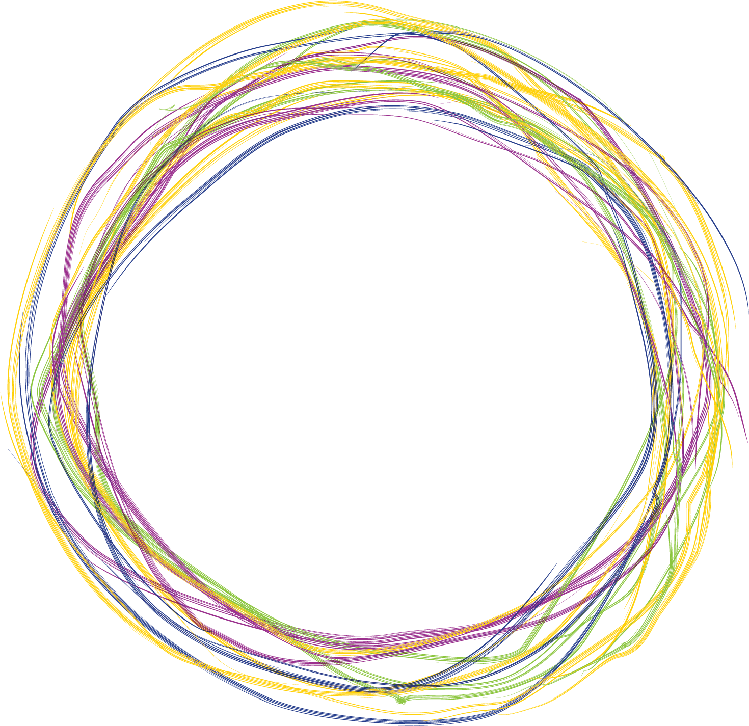 Colorful swirling lines forming a circular pattern on a black background.