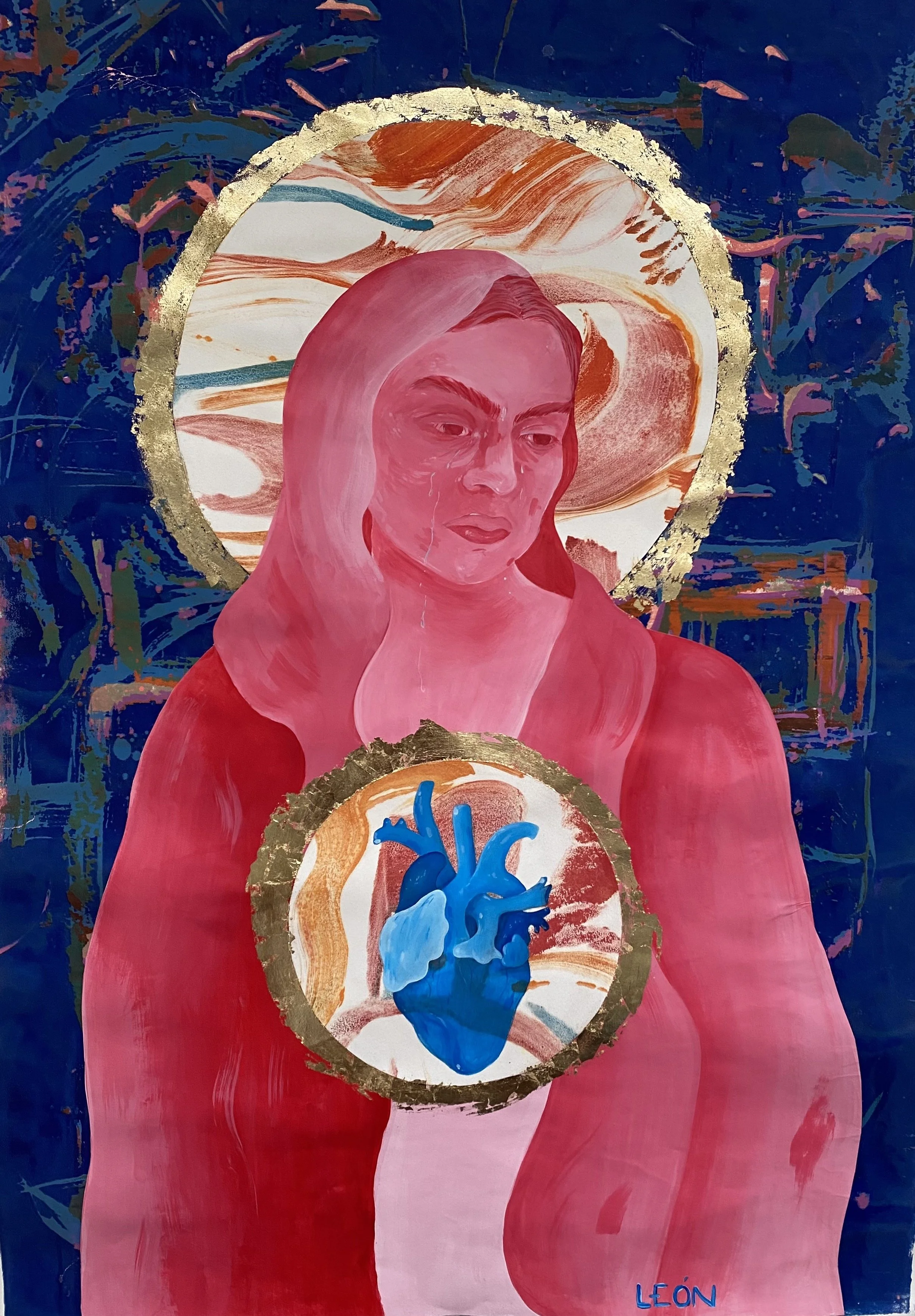 León "Curando el Dolor" (2023)
Acrylic paint and gold leaf on cotton paper, 48" x 36", $2222