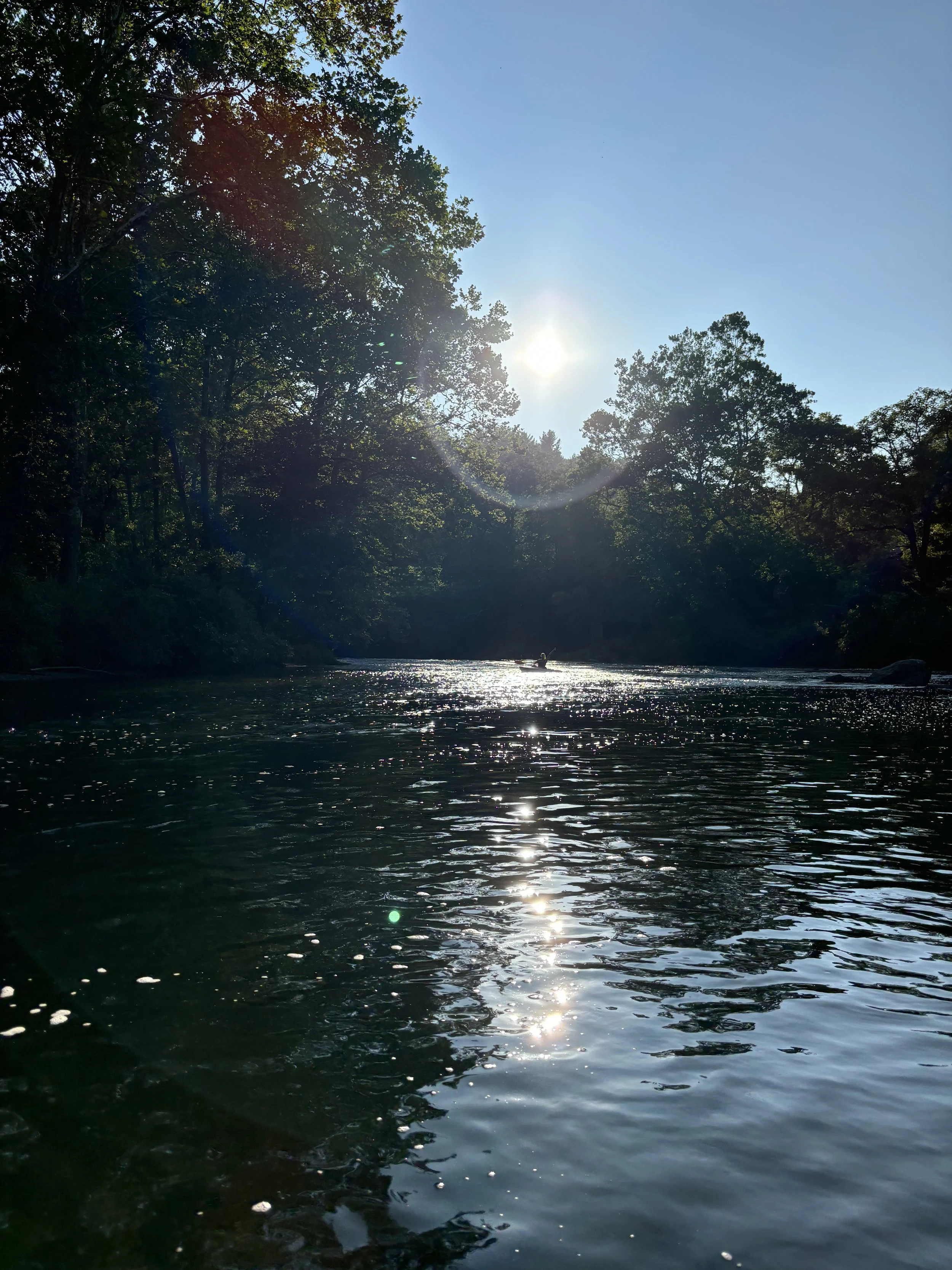 A river with rippling water reflecting sunlight, surrounded by trees under a clear blue sky, with the sun shining brightly.