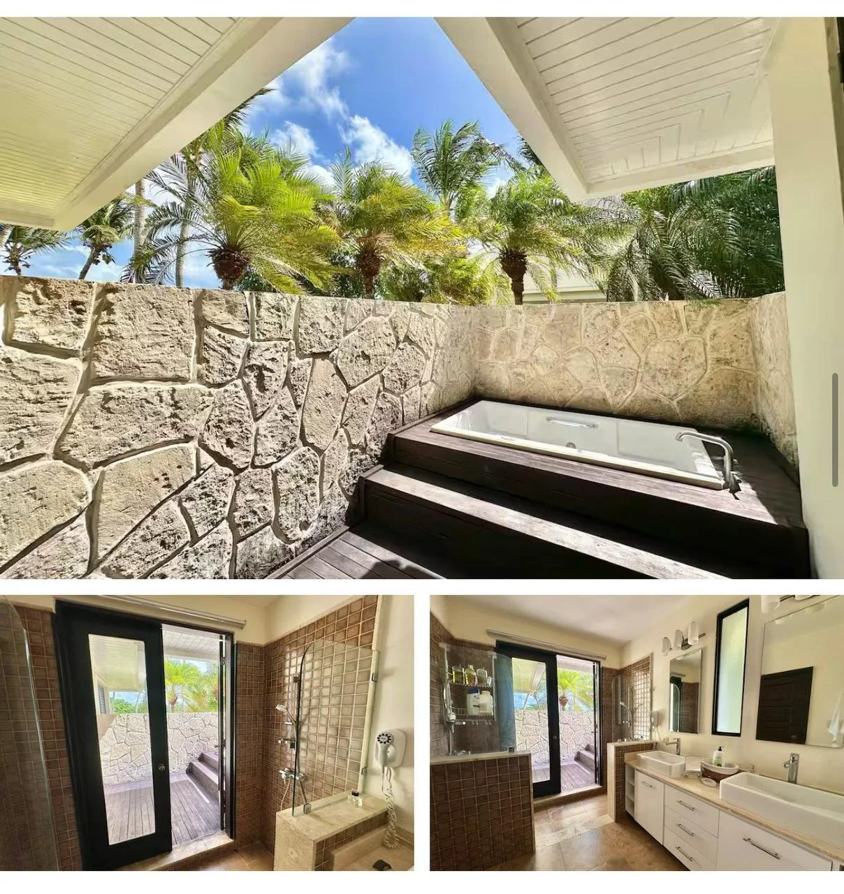 Imágenes de un espacio de baño con acceso a una terraza exterior. La primera imagen muestra una terraza con paredes de piedra y una bañera de hidromasaje, con palmeras y cielo azul de fondo. La segunda y tercera imágenes muestran un baño interior con ducha, ventanas grandes y puertas corredizas que llevan a la terraza exterior.