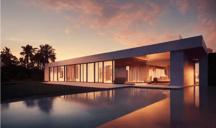 Vista de una casa moderna con piscinas y grandes ventanales, al atardecer.