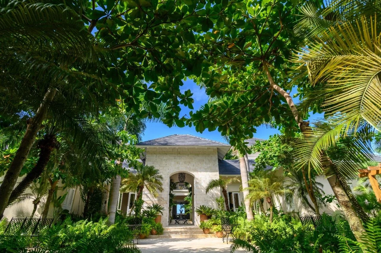 Casa lujosa rodeada de vegetación tropical y árboles verdes, con un sendero y bancos de jardín.