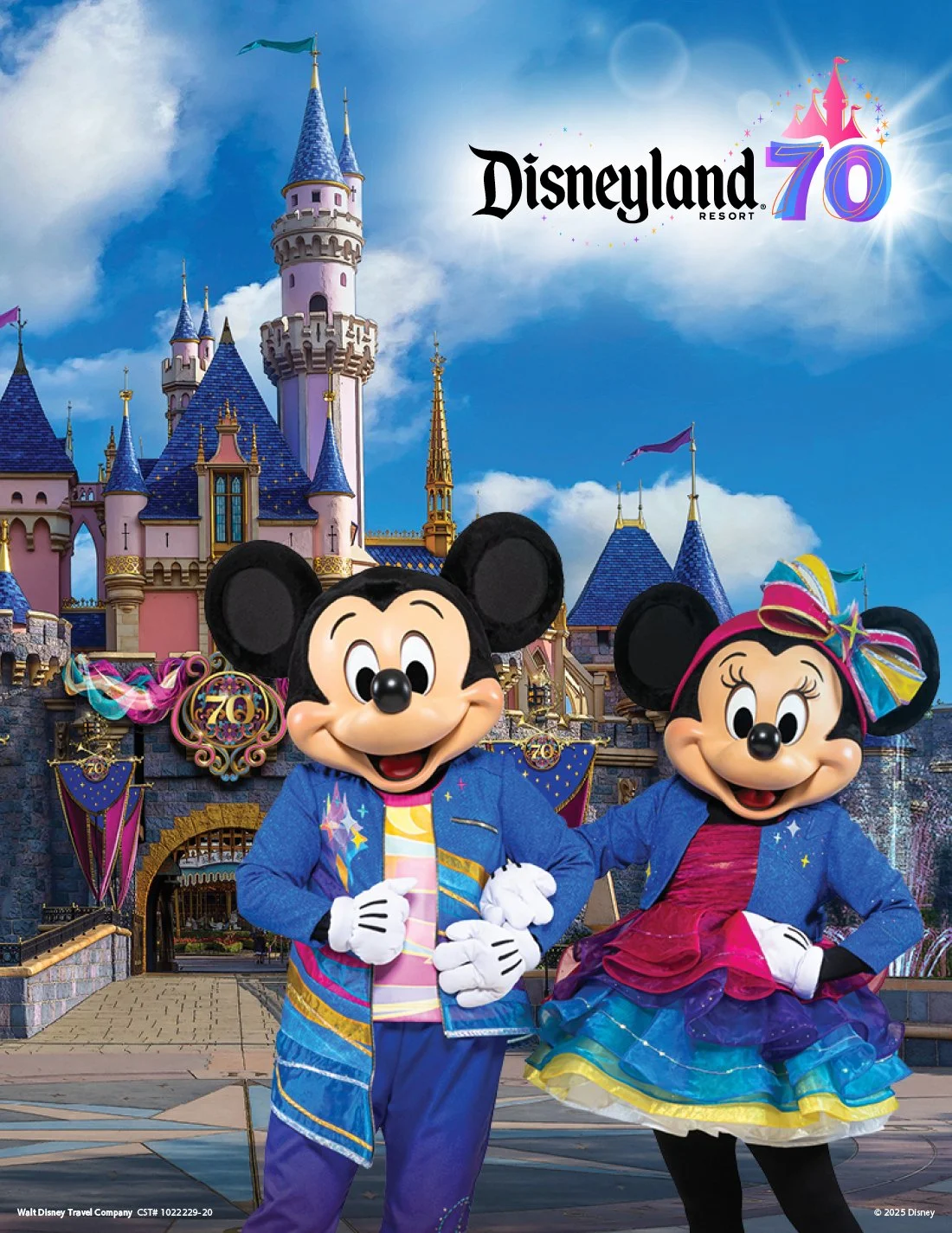 Mickey Mouse and Minnie Mouse in front of Sleeping Beauty Castle at Disneyland celebrating 70 years, with a Disneyland logo and 70th anniversary graphics in the sky.