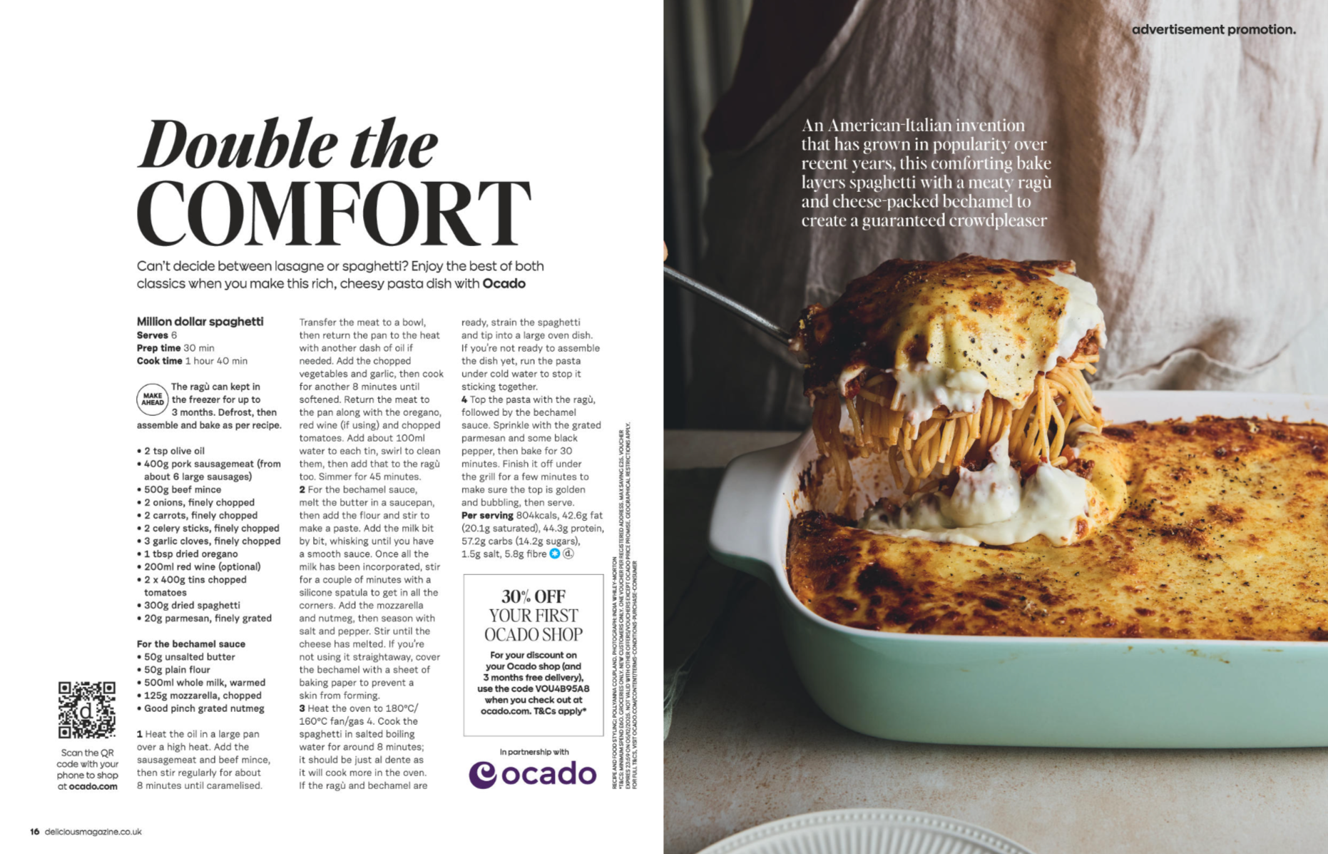 Page layout of a magazine showing a split view, with a recipe on the left and an image of a baked spaghetti dish on the right.