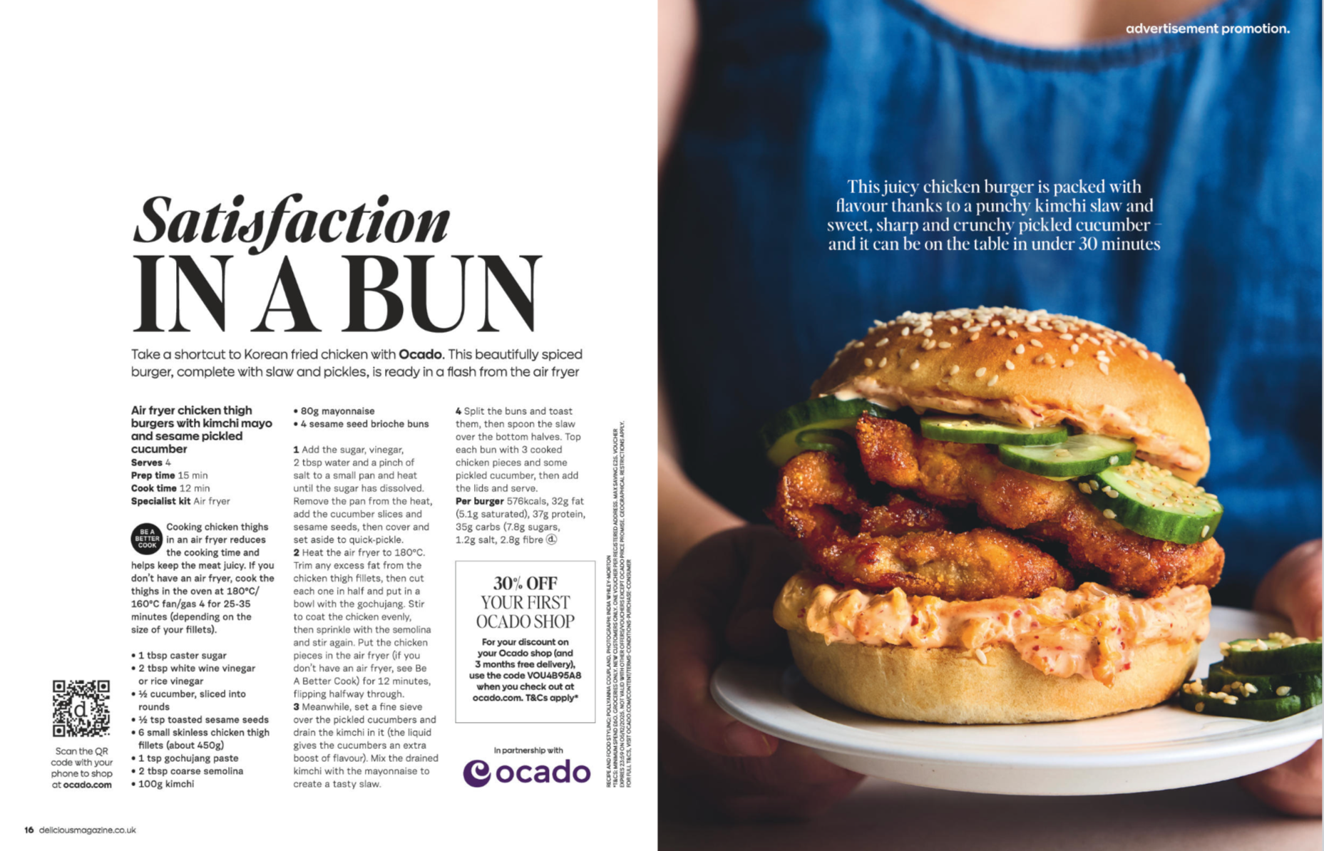 A magazine spread featuring a recipe for Korean fried chicken burger with a large photo of the burger, topped with cucumber slices, sesame seeds, and sauce, held by a person wearing a blue apron.