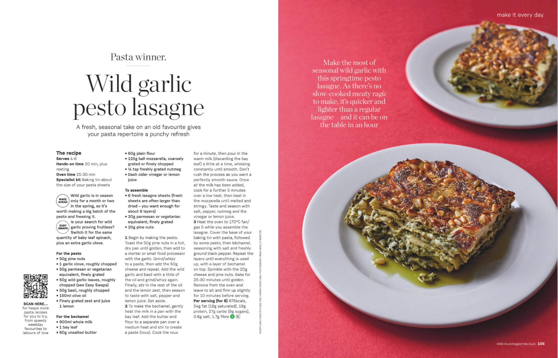 A two-page magazine recipe with a picture of a baked spinach and walnut lasagne on a white plate, showing layers of pasta and filling, topped with toasted nuts. The background is red, and the page includes recipe instructions and tips.