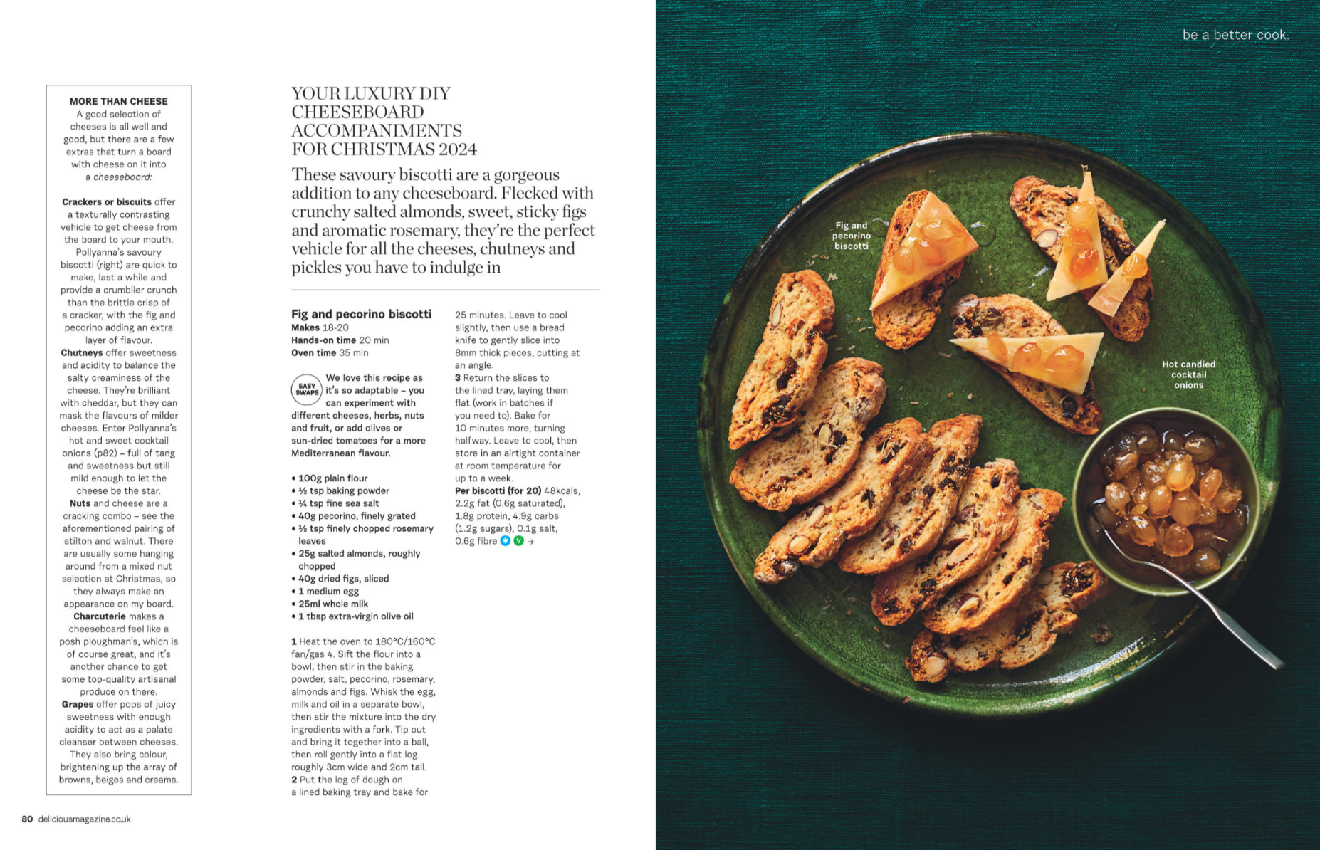 A green plate with fig and pecorino biscotti, some with sheet honeycomb, and a small bowl of candied cocktail onions.