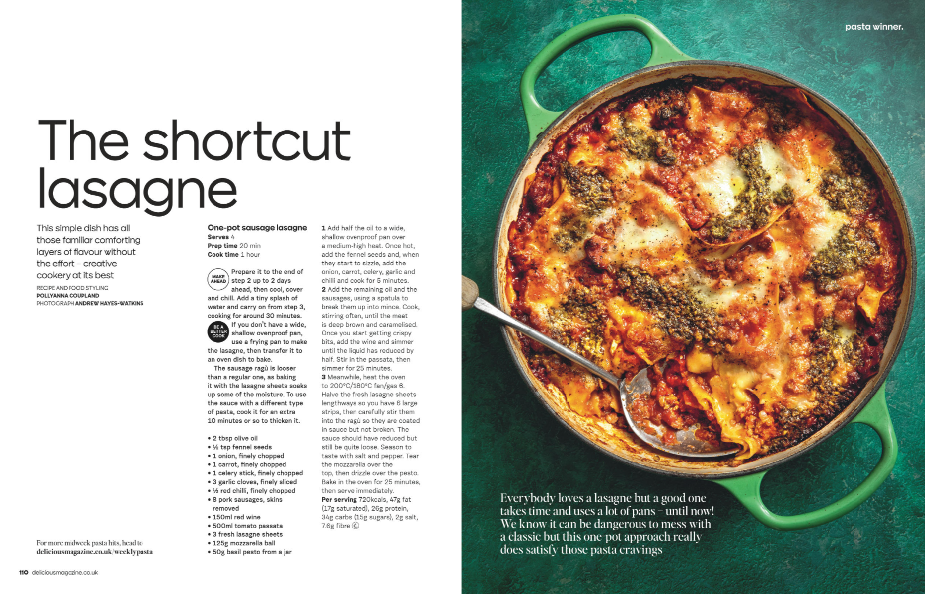 A tasty baked lasagna in a green pot with cheese, sauce, and herbs, served with a spoon on a textured green surface.