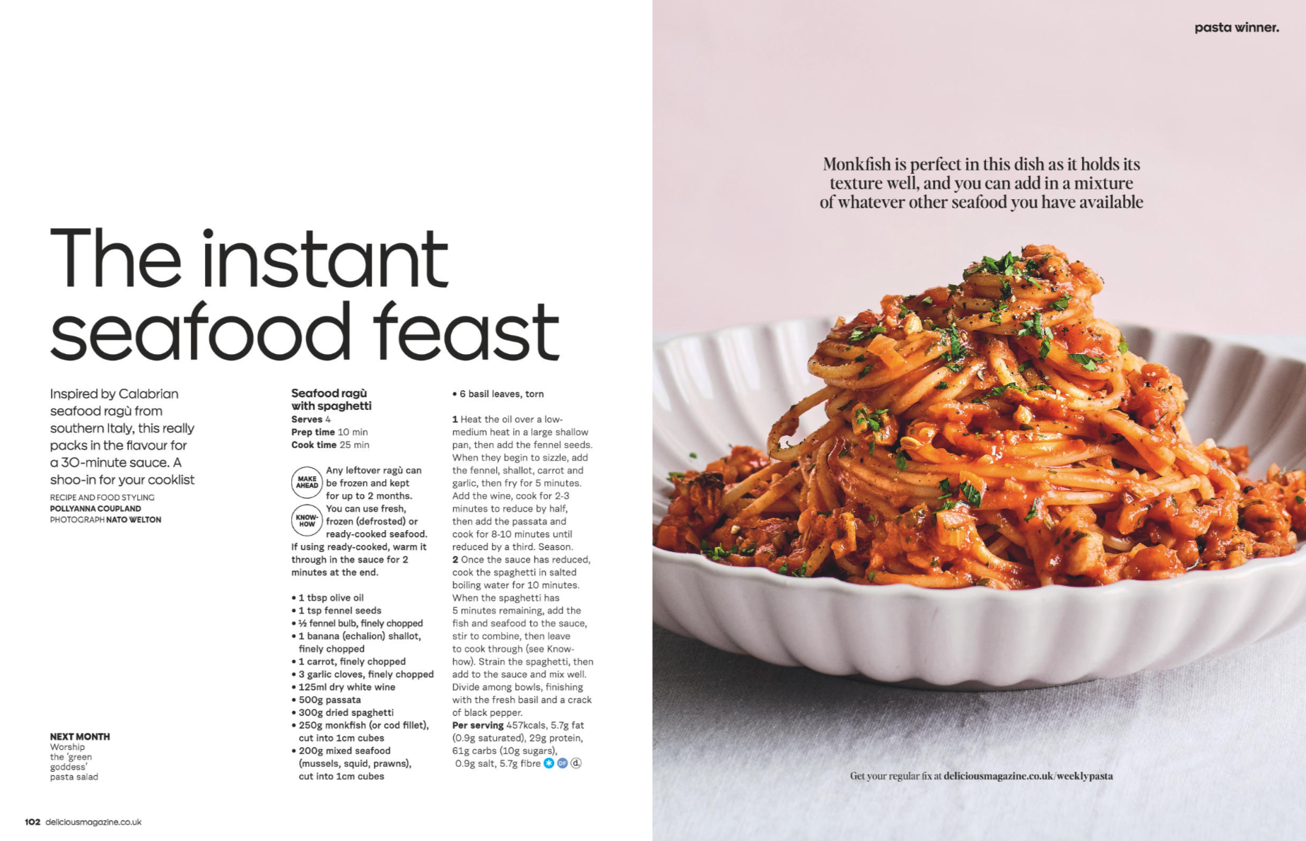 A bowl of spaghetti topped with seafood and herbs