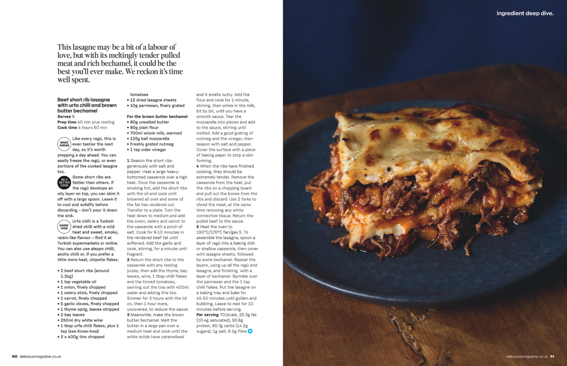 Page from a magazine featuring a recipe for Beef Short Rib Lasagne with images of the dish, showing melted cheese, baked pasta, and meat sauce, served on a dark plate.