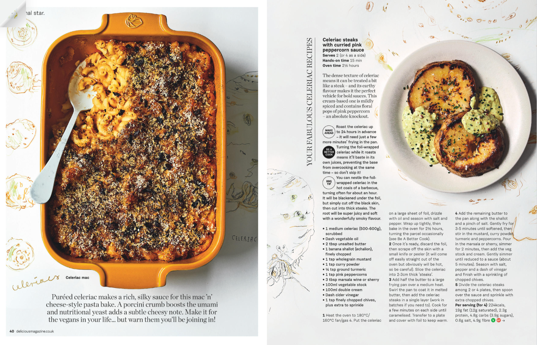 A baking dish filled with celerac mac and cheese topped with breadcrumbs and cheese, and a plate with roasted celeriac steaks topped with a sauce and black sesame seeds.