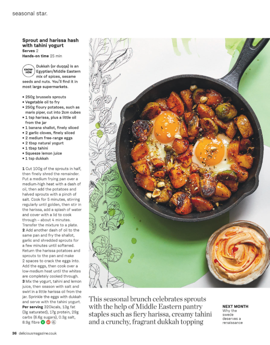 Photograph of a skillet with roasted potatoes, eggs, and seasoning garnished with dried herbs, and a small bowl of creamy tahini yogurt sauce on the side. Contains a page of a recipe with ingredients and instructions for a brunch dish featuring spice