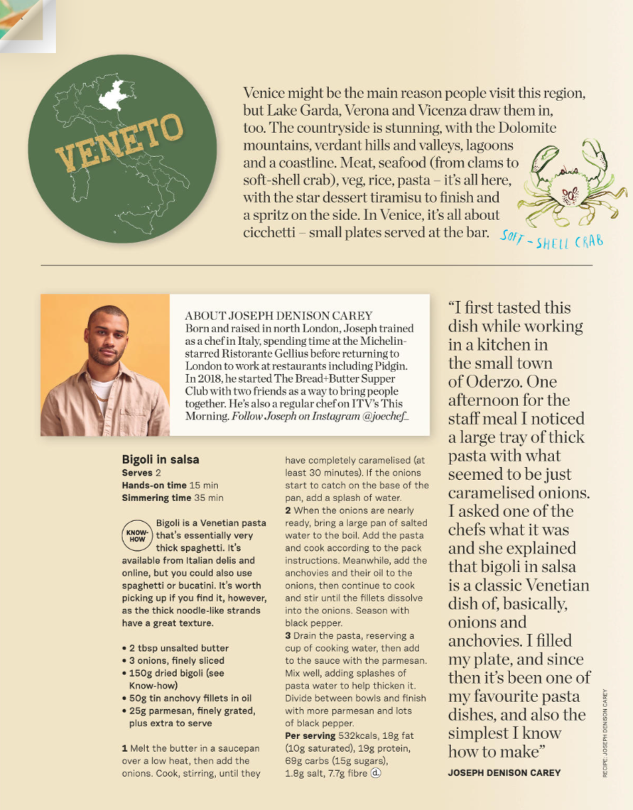 Illustration of a crab labeled 'Soft-Shell Crab' and a map of Veneto region in Italy with the text 'Veneto' written on it.