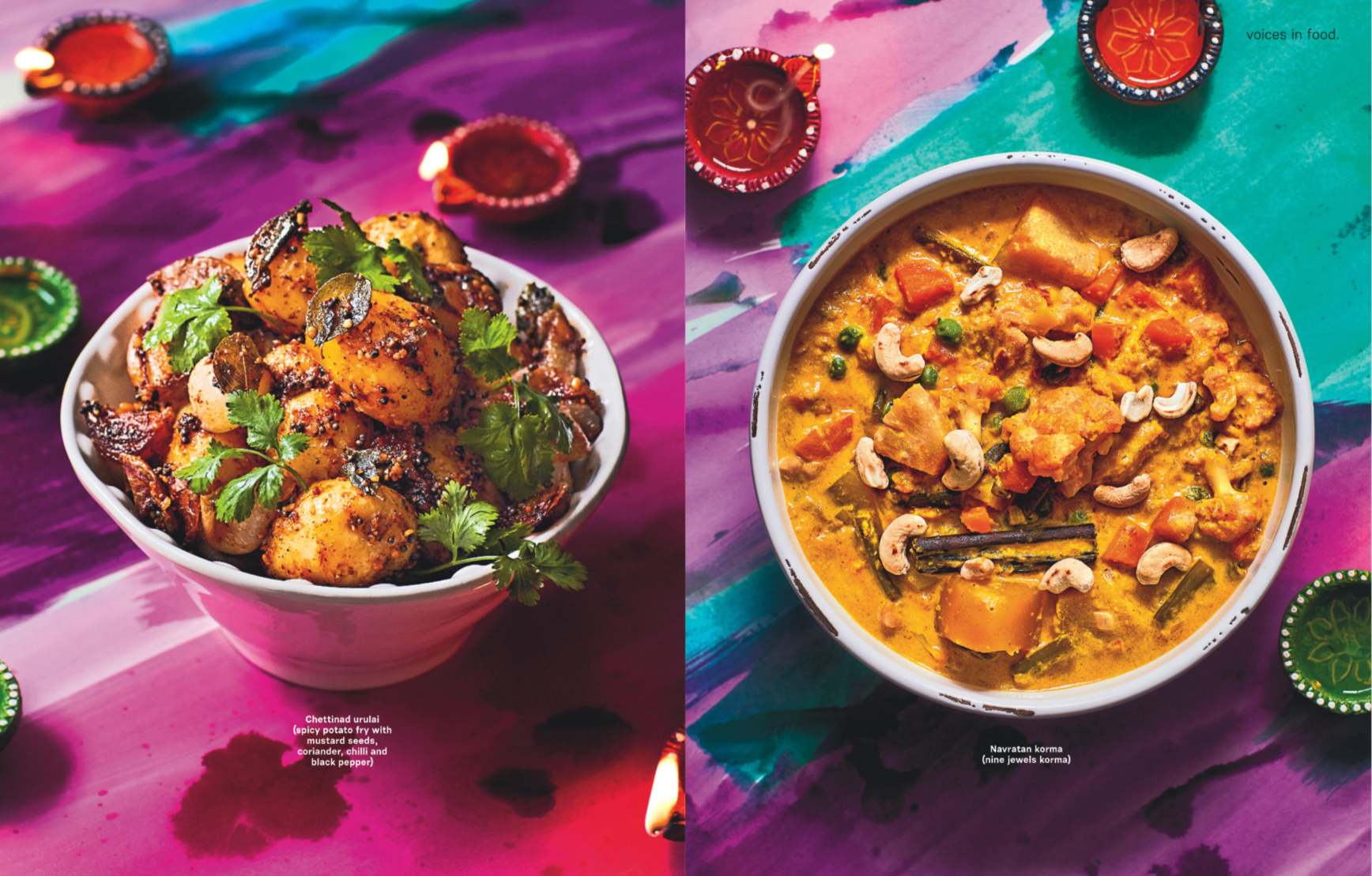 Two bowls of Indian food on a colorful table. The left bowl contains spicy potato fry with mustard seeds, coriander, chili, and black pepper, garnished with cilantro. The right bowl has navratan korma, a vegetable curry with cashews, garnished with c