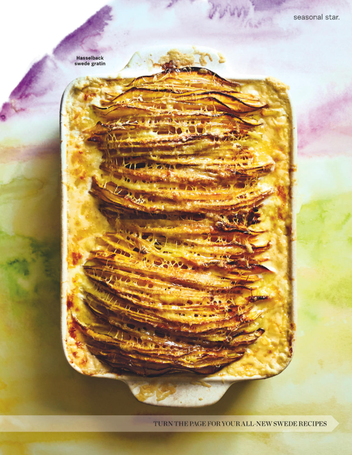 Baked Hasselback sweet gratin topped with sliced roasted sweet potatoes, in a rectangular white dish, with colorful watercolor background and text about Swedish recipes.
