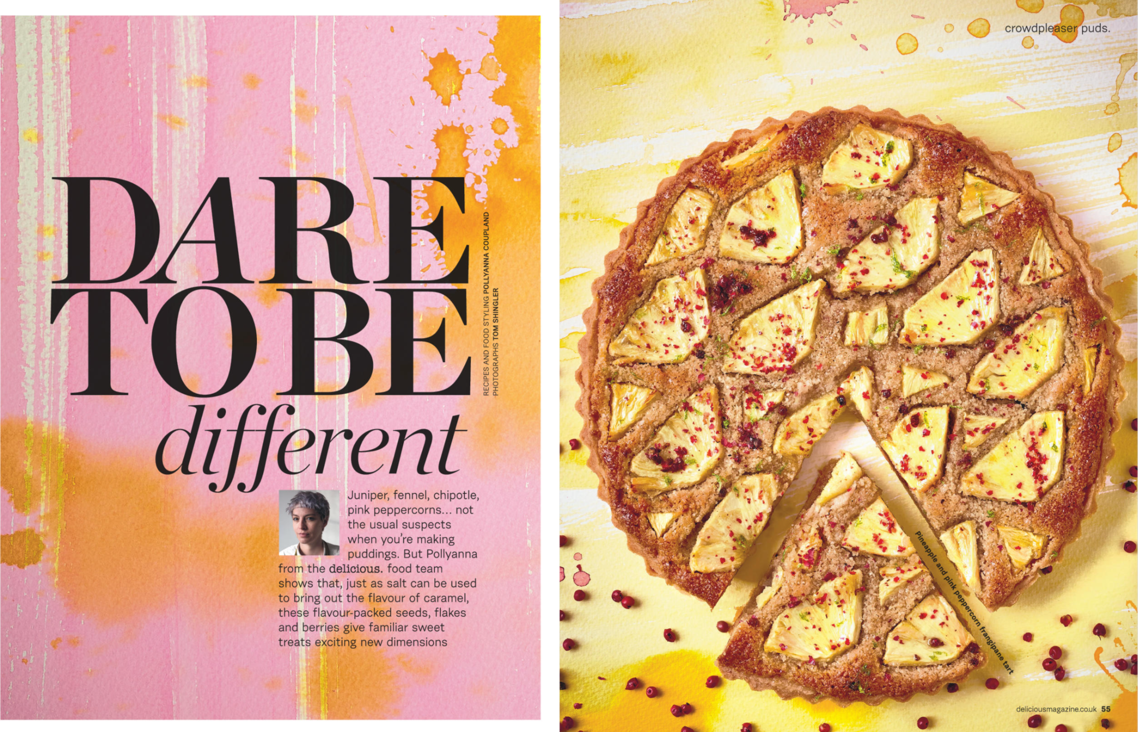 Magazine spread with pink and yellow watercolor background on the left page featuring large black text reading 'Dare to be different' and a small photo of a woman below. On the right page, a pineapple and pink peppercorn-topped tart with a slice remo