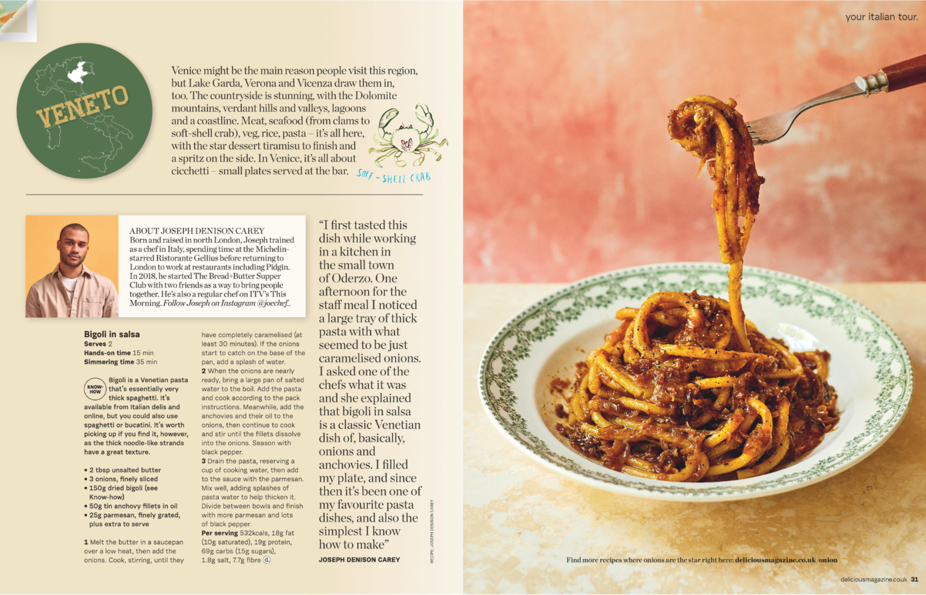 A fork lifting a portion of cooked spaghetti topped with sauce from a decorative green and white plate. The background is a pinkish-orange wall.