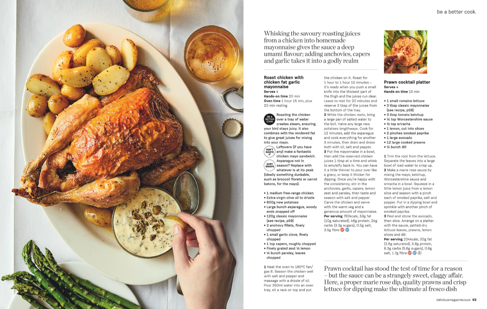 A plate with a roasted chicken leg, roasted potatoes, and a side of creamy sauce. In the background, drinks and green asparagus are visible. A hand holds a small bowl of sauce with herbs.