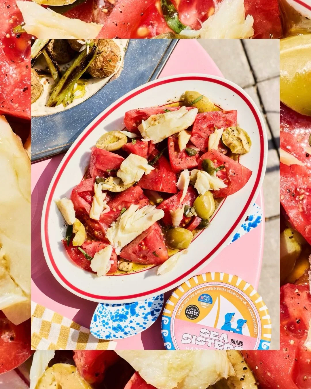 🍅 Tomato Salad with Hake &amp; Capers featuring @oilyoiluk and @seasistersuk 🐟 

The first in my glorious summer salad series with @indiawm using some of our favourite brands of the moment!

Swipe for the recipe 👉🏻
 

DM if you are interested in 