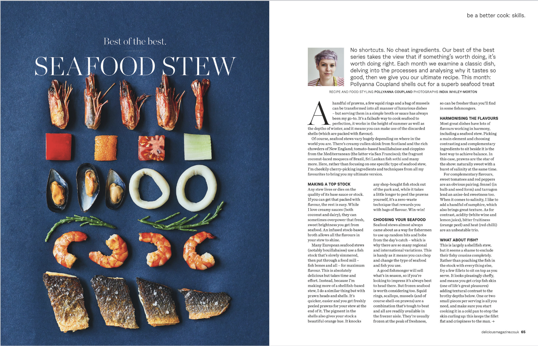 Magazine spread with a blue background on the left page displaying various seafood ingredients and a title 'Best of the best. SEAFOOD STEW.' on the right page with text about seafood stew, a photo of a woman, and an article about seafood and cooking.