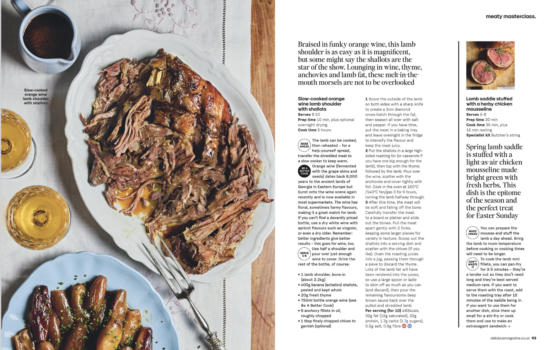 A magazine page featuring a recipe for slow-cooked orange wine lamb shoulder with shallots, with a large dish of shredded lamb, a smaller blue plate of glazed sausages, and two glasses of amber-colored beverage. The page includes cooking instructions