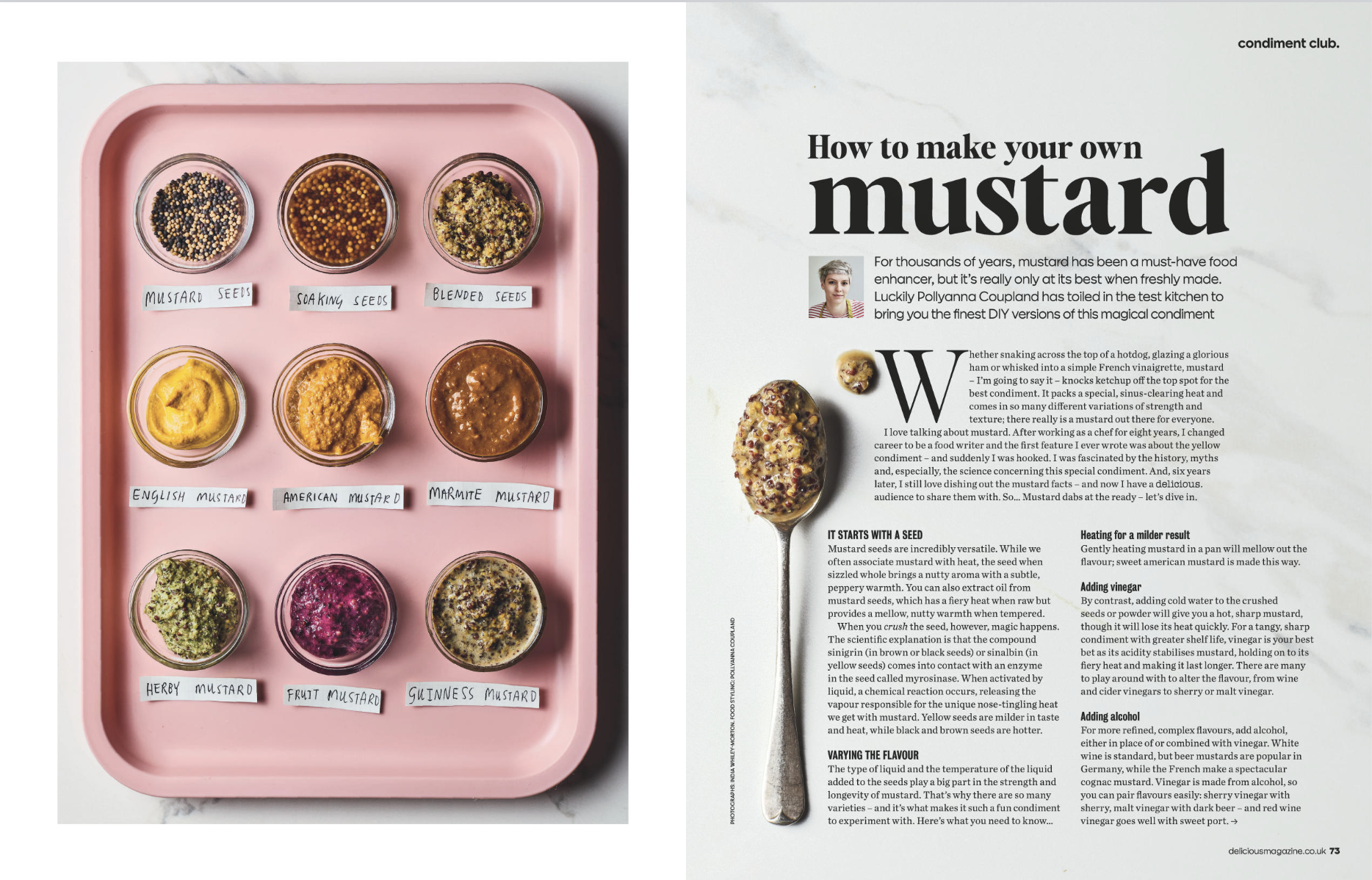 A pink tray displaying nine small containers of different types of mustard seeds and mustard spreads, each labeled with its type. The types include mustard seeds, soaking seeds, blended seeds, English mustard, American mustard, Marmite mustard, herb 