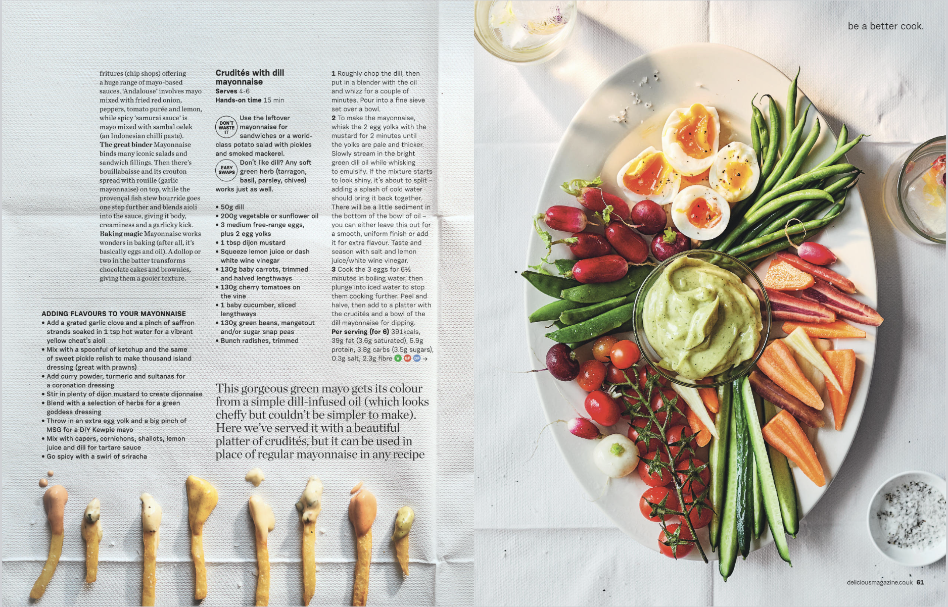 A magazine spread featuring a recipe for crudités with dill mayonnaise on the left page and a large white plate filled with colorful fresh vegetables like cherry tomatoes, radishes, snap peas, carrot sticks, and a small jar of green dipping sauce on 