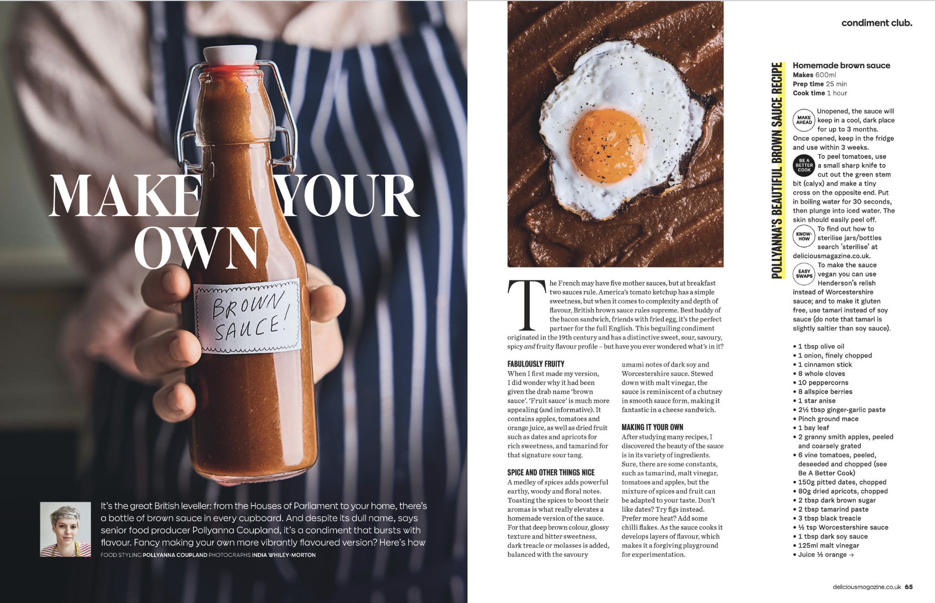 Magazine spread featuring a person holding a jar of homemade brown sauce labeled "Brown Sauce!" and a close-up of a fried egg on a beef patty. The article discusses making brown sauce and includes a recipe with ingredients and instructions.