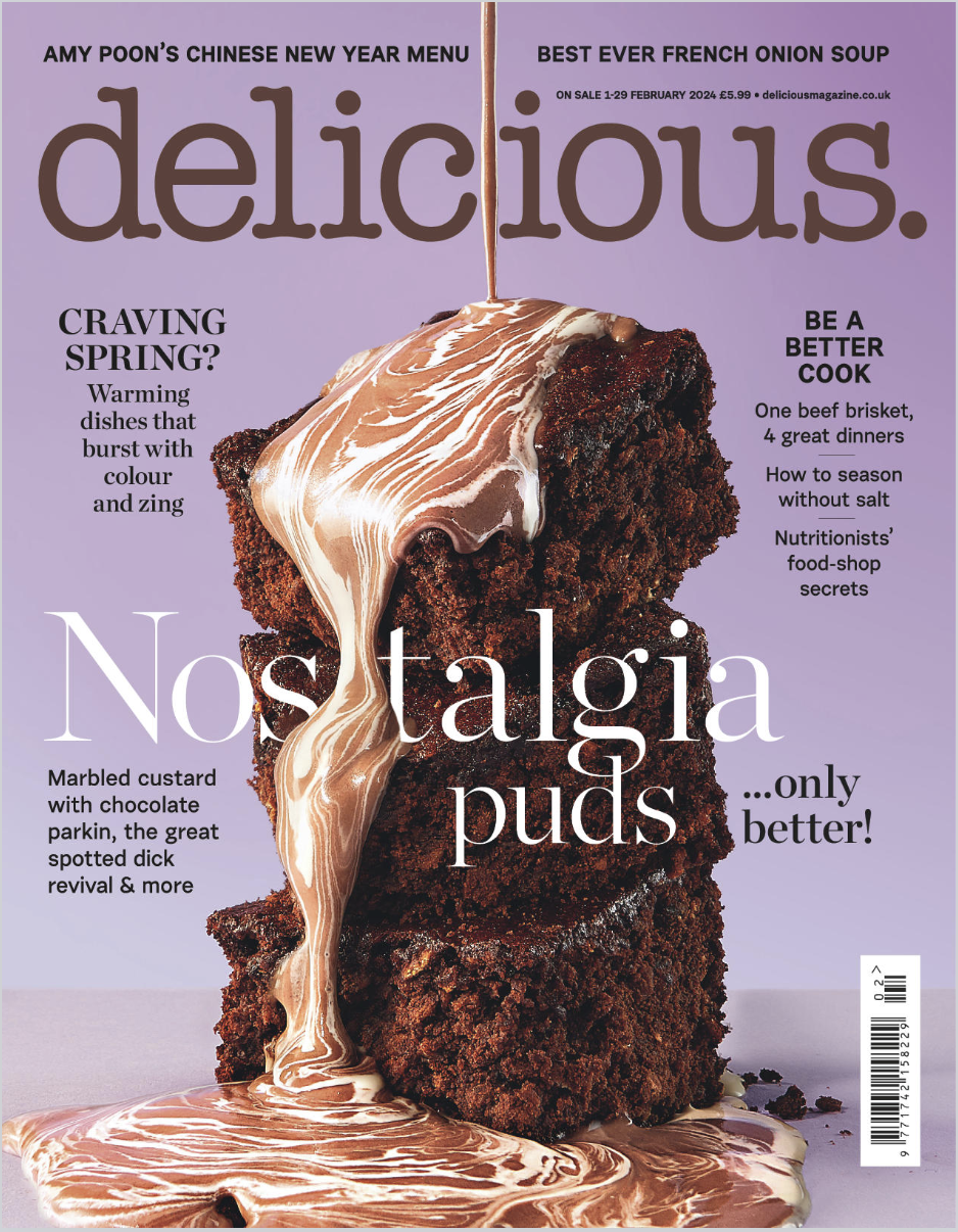 Magazine cover featuring a stack of chocolate puddings with caramel sauce pouring over them, with headlines about nostalgic puddings and recipes.