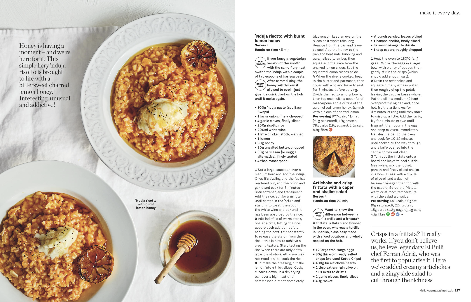 A magazine spread featuring two photographs of risotto dishes with burnt lemon slices and an artichoke crisp with a salad. The right side contains a recipe for 'Nduja risotto with burnt lemon honey' and a smaller image of an artichoke and crisp fritt