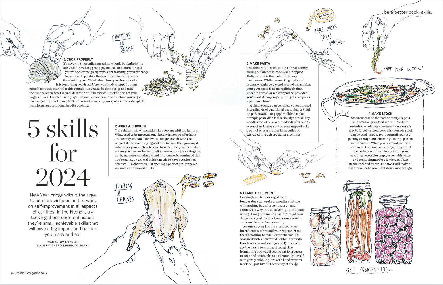 A hand-drawn infographic titled '5 Skills for 2024' with five sections, each reviewing a different cooking skill. Sections include illustrations of chopping onions, making pasta, jointing a chicken, making stock, and fermenting vegetables or fruit. The infographic contains handwritten notes and descriptive text about each culinary skill.