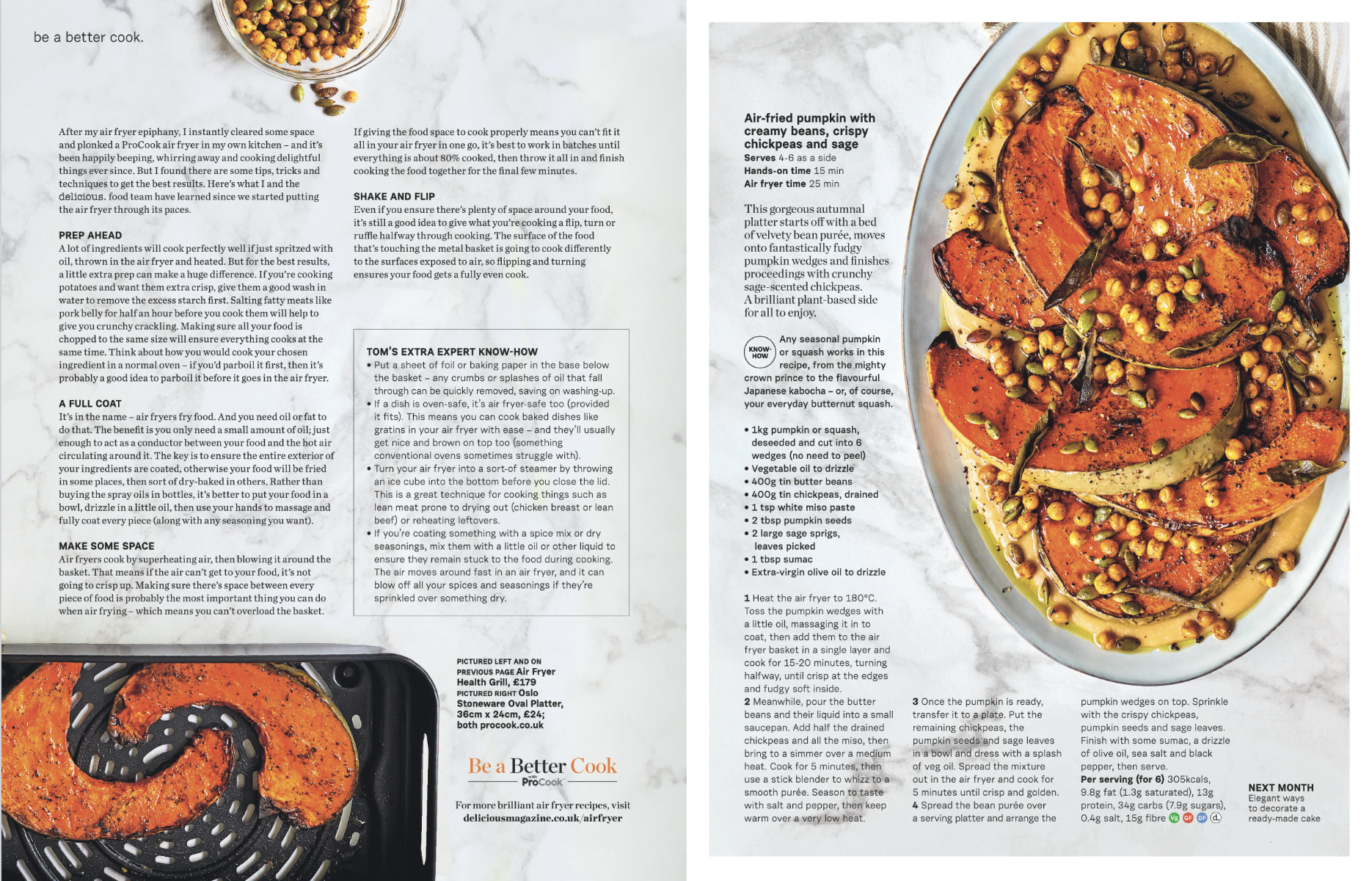 A plate of air-fried pumpkin with crispy chickpeas and sage, garnished with pumpkin seeds and served with a creamy sauce.