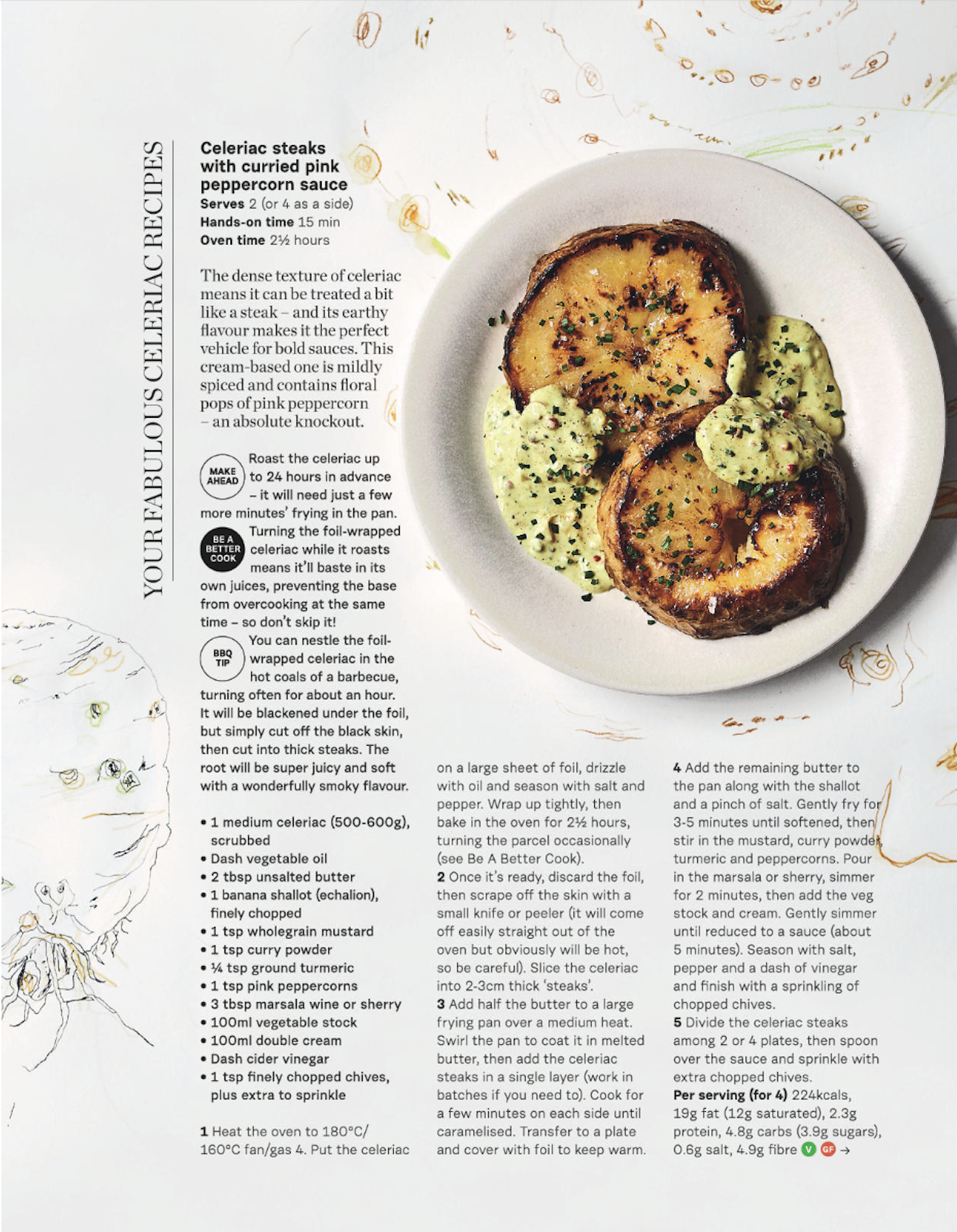 Plate with two cooked celeriac steaks topped with pink peppercorns and chives, served with a creamy yellow sauce on the side.