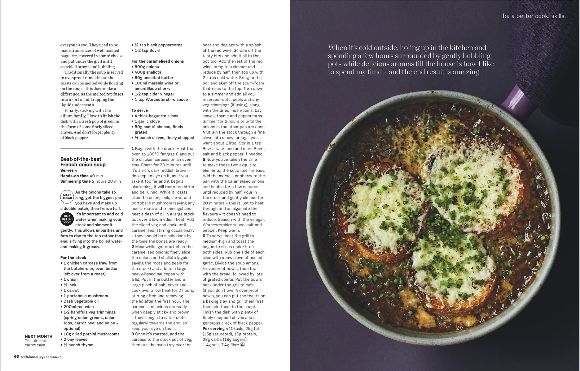 A bowl of French onion soup topped with melted cheese and chopped green onions, with a dark spoon on the side.