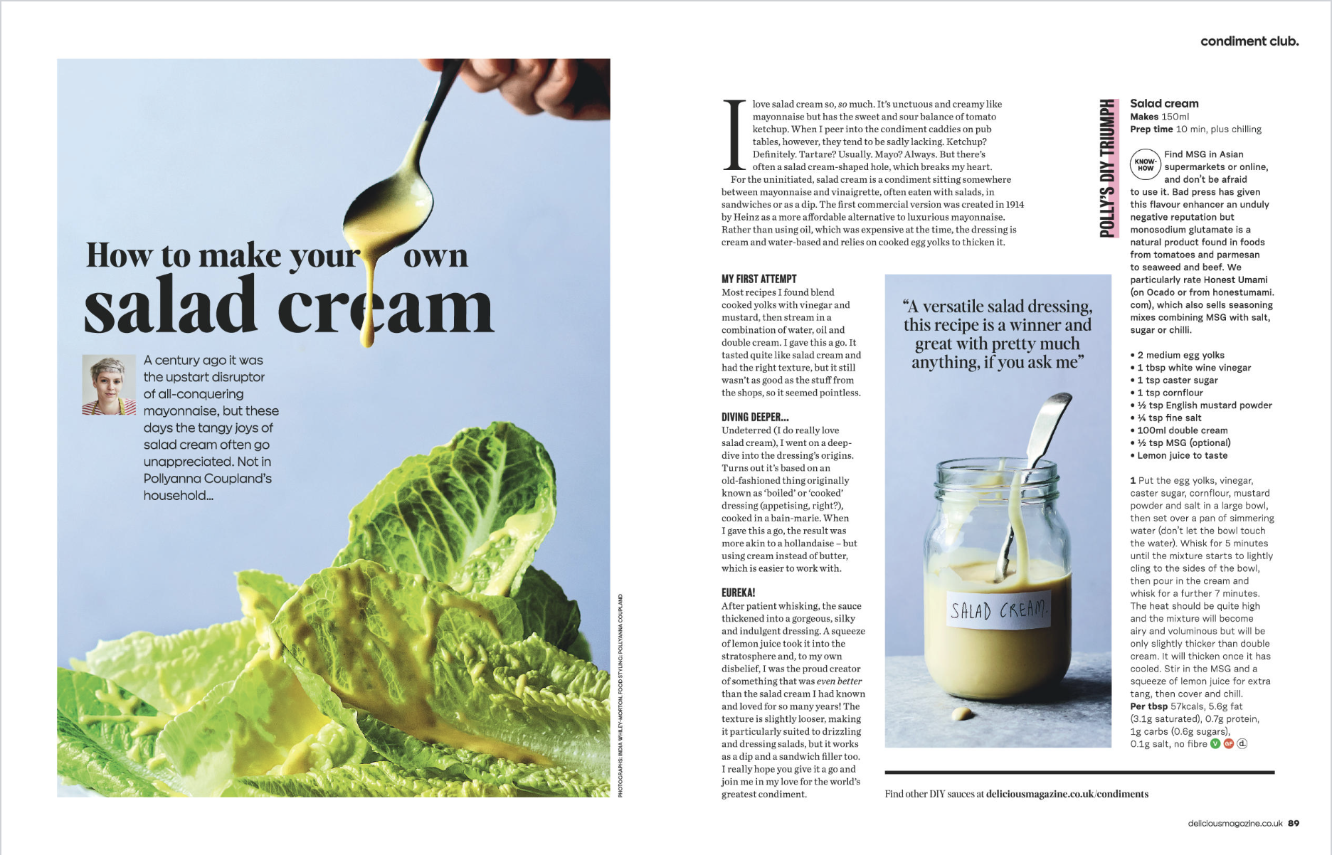 A magazine spread with an article titled 'How to make your own salad cream.' The left page shows a close-up of a hand holding a spoon dripping salad cream, with a head of romaine lettuce below. The right page contains text about salad cream recipes, 