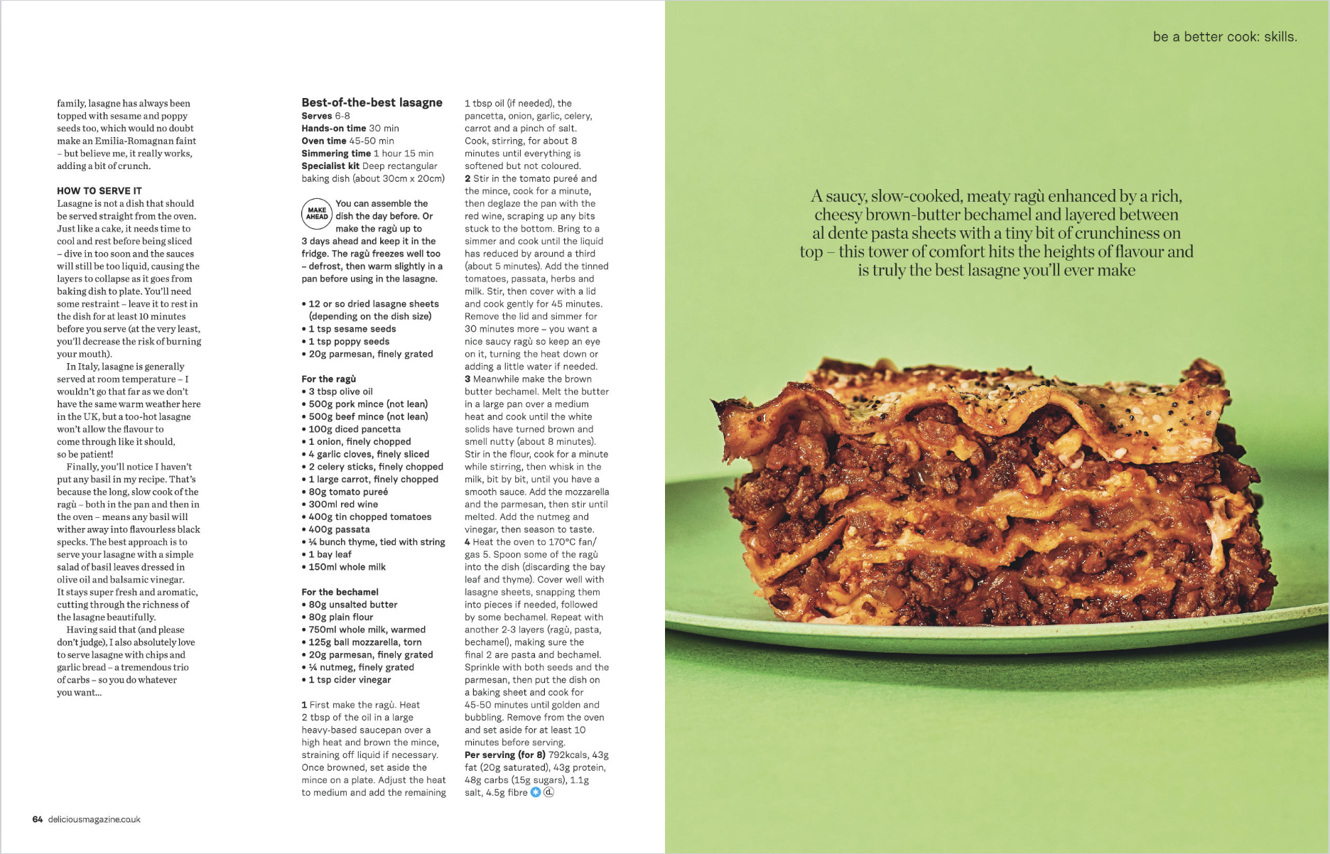 A page from a magazine or cookbook showing a recipe for lasagne on the left side and a close-up photograph of a cooked lasagne on a green plate on the right side. The lasagne has layers of pasta, sauce, and melted cheese, with a crispy top. There is 