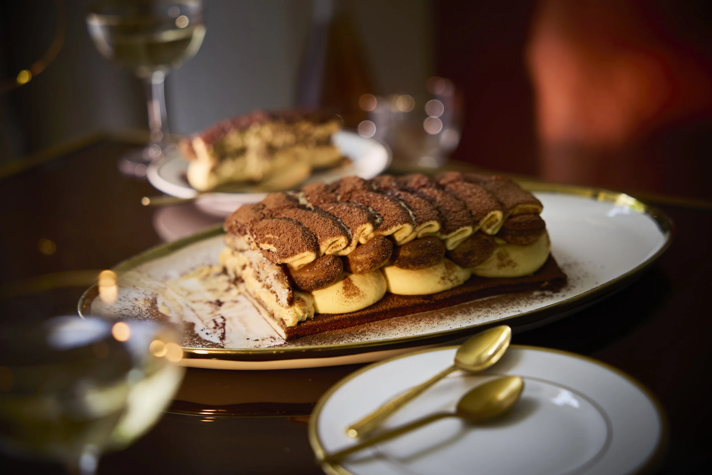 Tirimisu for Waitrose magazine on a gold rimmed plate